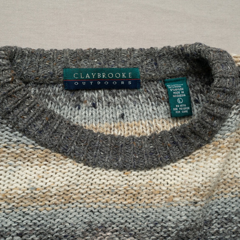 Vintage 80s 90s Striped Sweater Oversized Chill Lightweight Neutral Tan Gray - Picture 4 of 6